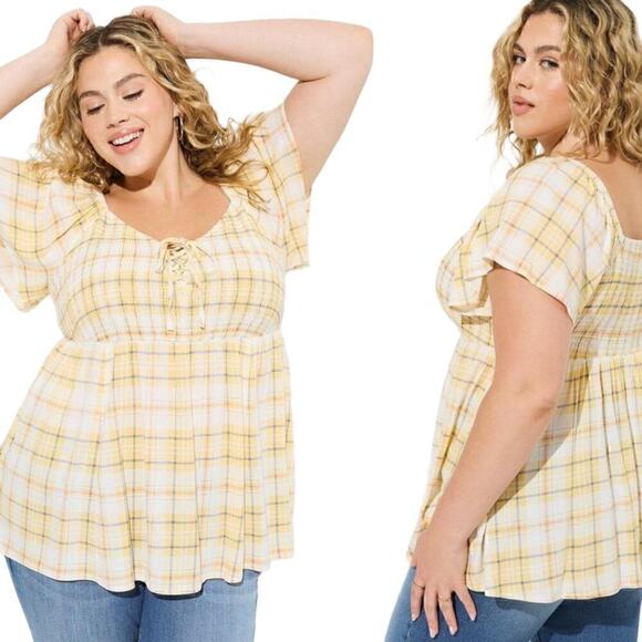 Torrid Slub Smocked Bodice Flutter Sleeve Blouse Size 1X in Yellow Gabby Plaid - Picture 1 of 8